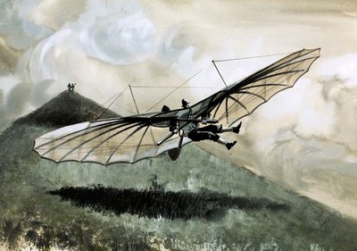 Otto Lilienthal wykonał ponad 1000 lotów swoim prymitywnym szybowcem (gwasz na papierze) autorstwa English School