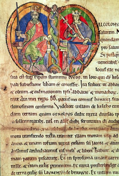 Strona z Statutu Opactwa Kelso z iluminowanym inicjałem przedstawiającym króla Dawida I (1084-1153) i jego wnuka Malcolma IV (1141-65) 1159 (wellum) autorstwa English School