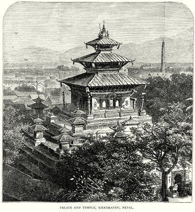 Pałac i świątynia, Khatmandu, Nepal (grawerunek) autorstwa English School