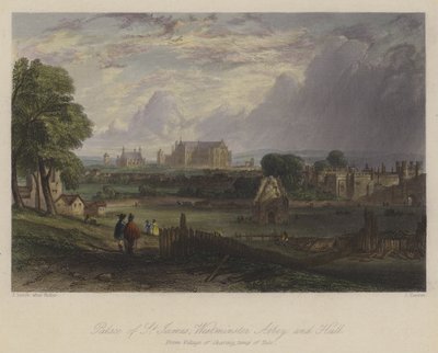 Pałac św. Jakuba, Westminster Abbey and Hall, Londyn (kolorowy grawerunek) autorstwa English School