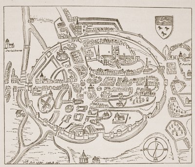 Panoramiczny widok Canterbury w XVI wieku, ilustracja z The Church of England: A History for the People autorstwa H.D.M. Spence-Jones, wyd. ok. 1910 (zdjęcie w sepii) autorstwa English School
