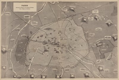 Paryż, przedstawiający pozycje głównych budynków, fortów, wiosek i linii kolejowych (rycina) autorstwa English School