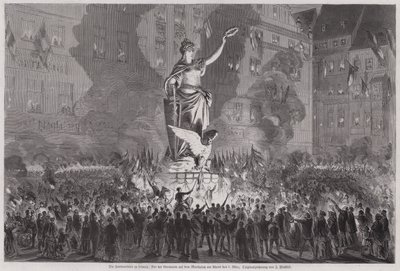 Uroczystości pokojowe przed pomnikiem Germanii na rynku w Lipsku wieczorem 5 marca 1870 r. (rycina) autorstwa English School