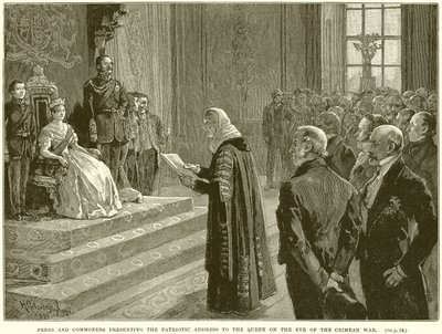 Peers and Commoners prezentujący patriotyczne orędzie do królowej w przeddzień wojny krymskiej autorstwa English School