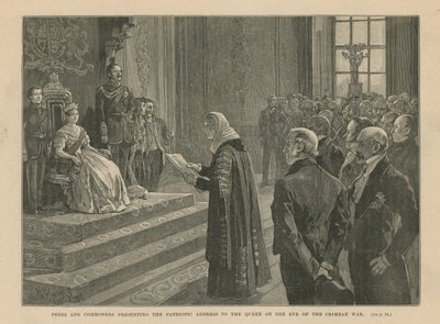 W przededniu wojny krymskiej rówieśnicy i plebejusze wygłaszający patriotyczne przemówienie do królowej autorstwa English School