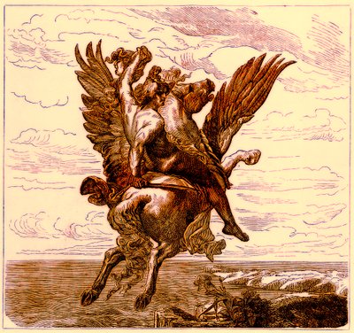 Perseusz na skrzydlatym koniu Pegazie z głową Meduzy, ilustracja z Ilustrowanej Historii Świata, wydanej ok. 1880 r. (obraz ulepszony cyfrowo) autorstwa English School