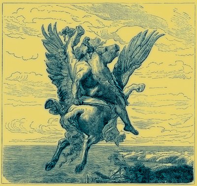 Perseusz na skrzydlatym koniu Pegaz, z głową Meduzy, ilustracja z „Ilustrowanej historii świata”, wydanej ok. 1880 r. (obraz ulepszony cyfrowo) autorstwa English School