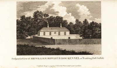 Widok perspektywiczny hodowli psów Sir Williama Rowleya w Tendring Hall Suffolk autorstwa English School