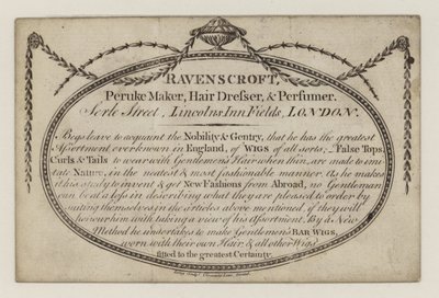 Producent Peruke, Ravenscroft, karta handlowa autorstwa English School