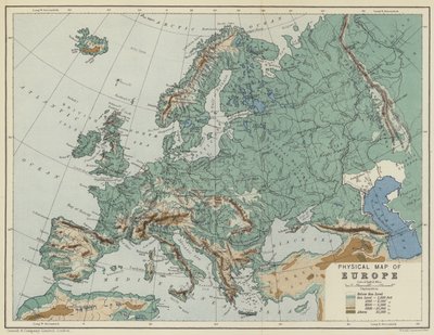 Mapa fizyczna Europy (kolorowa litografia) autorstwa English School