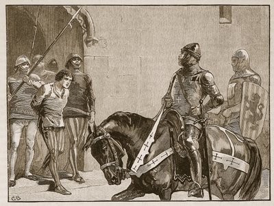Piers Gaveston przed hrabią Warwick, ilustracja z Cassells Illustrated History of England (zdjęcie w sepii) autorstwa English School