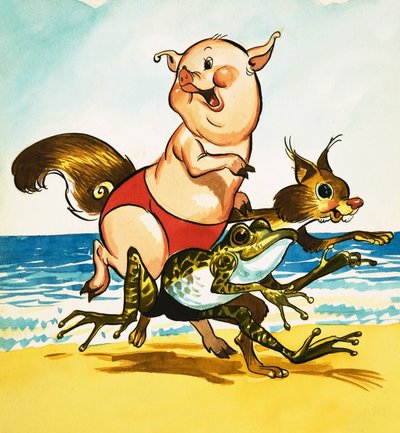 Świnia, żaba i wiewiórka na plaży autorstwa English School