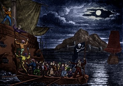 Piraci wchodzący na pokład hiszpańskiego statku, Indie Zachodnie, ilustracja z książki "The History and Lives of the Most Notorious Pirates" (Historia i życie najsłynniejszych piratów) autorstwa English School