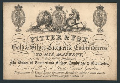 Pitter and Fox, Gold and Silver Laceman and Hafters, Bedford Street, Covent Garden, karta handlowa autorstwa English School