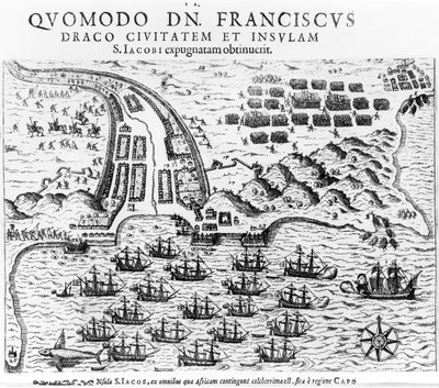 Plan pokazujący, jak Francis Drake (ok. 1540-1596) szturmował i trzymał wyspę San Jacob autorstwa English School