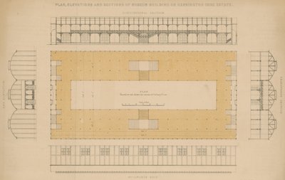 Plan, elewacje i sekcje budynku muzeum na Kensington Gore Estate autorstwa English School
