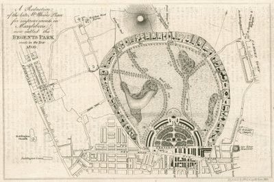 Plan ulepszeń w Marylebone w Londynie, obecnie nazywanym Regents Park, wykonany w 1809 roku autorstwa English School