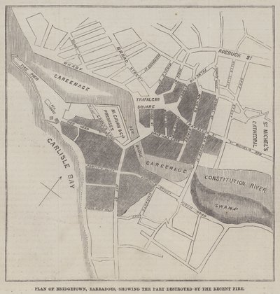 Plan Bridgetown, Barbadoes, przedstawiający część zniszczoną przez niedawny pożar (rycina) autorstwa English School