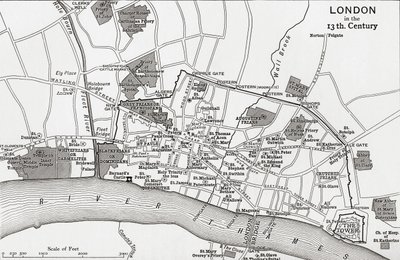 Plan Londynu w XIII wieku, z „Krótkiej historii ludu angielskiego” J.R. Greena, opublikowanej w 1893 r. autorstwa English School