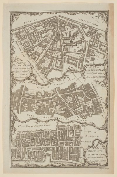 „Plan okręgów Queen Hith i Vintry podzielony na parafie z nowego przeglądu”. Mapa City of London autorstwa Royce