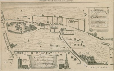 Plan północno-zachodnich przedmieść Londynu wokół St Giles in the Fields autorstwa English School
