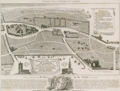 Plan północno-zachodnich przedmieść Londynu wokół St Giles in the Fields autorstwa English School