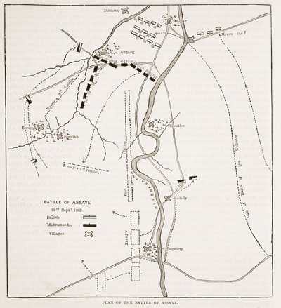 Plan bitwy pod Assaye, ilustracja z Cassells Illustrated History of India autorstwa Jamesa Granta, wyd. 1879 autorstwa English School