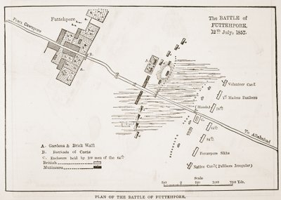 Plan bitwy pod Futtehpore, 12 lipca 1857, z Cassells Illustrated History of England autorstwa English School