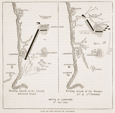 Plan bitwy pod Laswaree, ilustracja z Cassells Illustrated History of India autorstwa Jamesa Granta, wyd. 1879 autorstwa English School