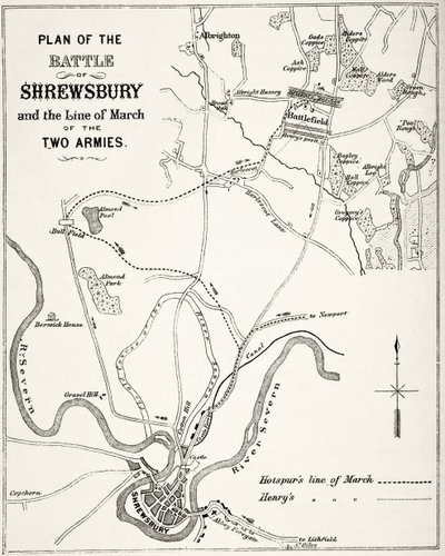 Plan bitwy pod Shrewsbury, 21 lipca 1403, z „The National and Domestic History of England” Williama Hickmana Smitha Aubreya (1858-1916) opublikowanego w Londynie, ok. 1890 autorstwa English School