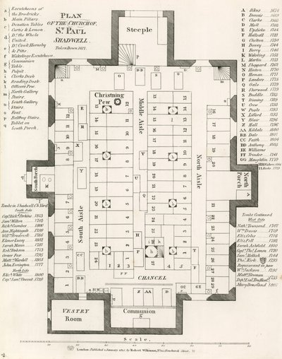 Plan kościoła św. Pawła w Shadwell w Londynie, zdjęty w 1817 r. autorstwa English School