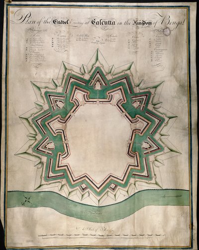 Plan Cytadeli Kalkuty i Fortu William, Magazyn Warowny Kompanii Wschodnioindyjskiej, ok. 1750 (pióro i atrament i akwarela na papierze) autorstwa English School