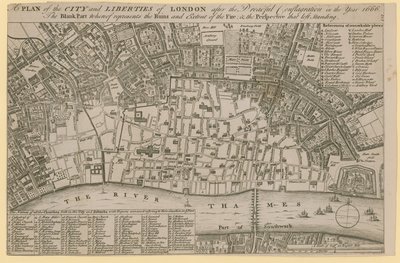 Plan City and Liberties of London po straszliwej pożodze w roku 1666 autorstwa English School