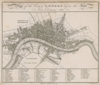 Plan City of London przed pożarem 1666 autorstwa English School