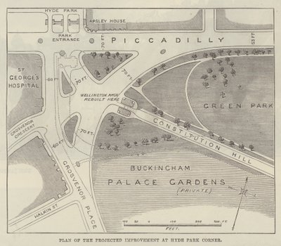 Plan przewidywanej poprawy w Hyde Park Corner (grawerowanie) autorstwa English School