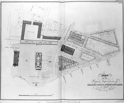Plan proponowanych ulepszeń w Charing Cross, St. Martins Lane i Entrance to the Strand, wygrawerowany przez Jamesa Basire