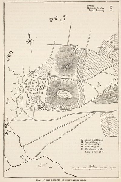 Plan obrony wzgórza Sitabuldi, ilustracja z Ilustrowanej Historii Indii Cassella autorstwa Jamesa Granta, wyd. 1879 autorstwa English School