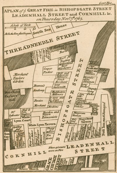 Plan pożaru na Bishopsgate Street, Cornhill i Leadenhall Street w Londynie, który rozpoczął się 7 listopada 1765 r autorstwa English School