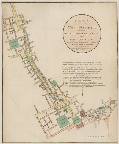 Plan planowanej nowej ulicy (Regent Street) między Pall Mall a Portland Place autorstwa English School