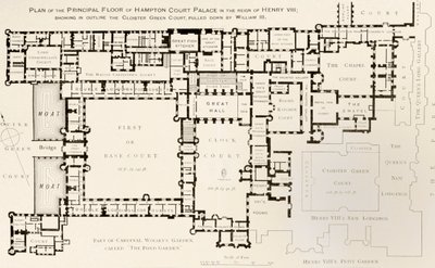 Plan głównego piętra pałacu Hampton Court, tak jak za panowania króla Henryka VIII, z Historii pałacu Hampton Court w Tudor Times autorstwa Ernesta Law, opublikowanej w Londynie 1885 autorstwa English School