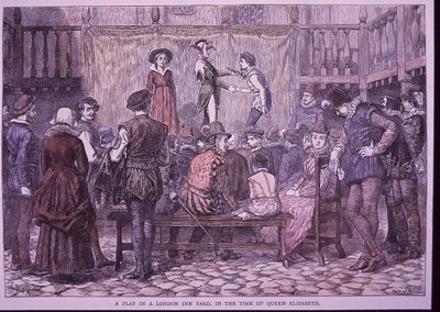 Przedstawienie wystawiane w London Inn Yard (rycina kolorowana) autorstwa English School