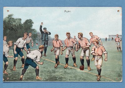 Spiel, Postkarte, die ein Fußballspiel darstellt von English School