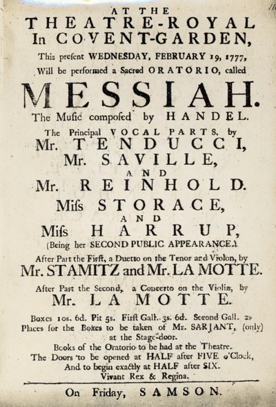Playbill reklamujący wykonanie oratorium "Mesjasz" Haendla w 1777 r. (drukowany papier) autorstwa English School