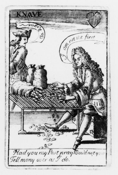 Karty do gry upamiętniające wojnę o sukcesję hiszpańską, garnitur w serce, ok. 1707 (rycina) (zdjęcie czarno-białe) (detal z 115651) autorstwa English School