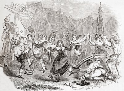 Obchody Pługowego Poniedziałku, taniec Bessie i Klauna, ze Starej Anglii: A Pictorial Museum, pub. 1847 autorstwa English School