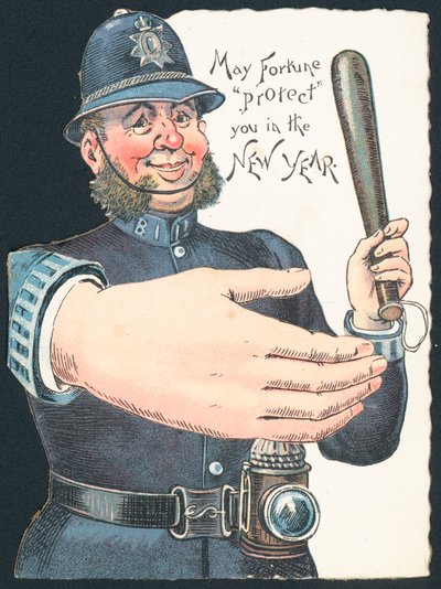 Policjant trzymający pałkę dużą ręką, kartka noworoczna autorstwa English School