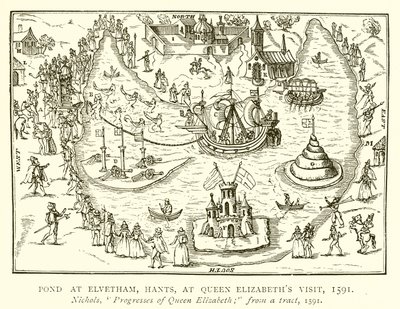 Staw w Elvetham, Hants, podczas wizyty królowej Elżbiety, 1591 autorstwa English School
