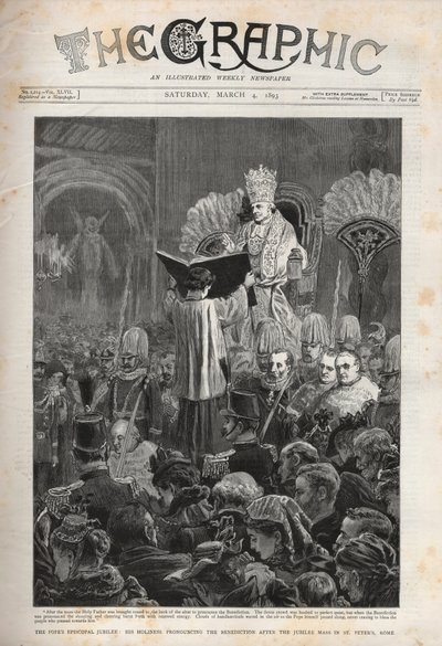 Papież Leon XIII (Leon XIII) Jubileusz biskupi Papieża, ogłaszający Błogosławieństwo po Mszy Jubileuszowej w Bazylice św. Piotra w Rzymie - ilustracja do grafiki, 4 marca 1893. autorstwa English School