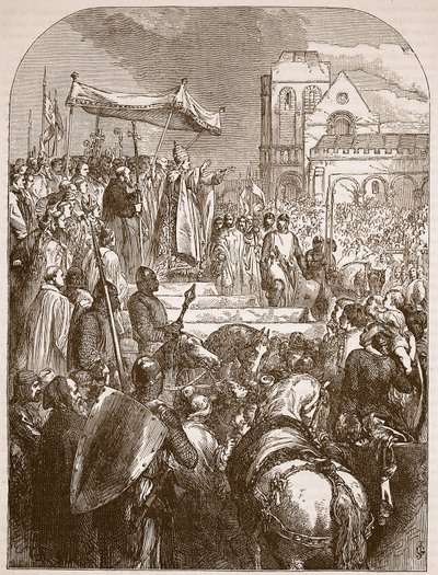 Papież Urban II głoszący pierwszą krucjatę na rynku w Clermont, 1096, ilustracja z Cassells Illustrated History of England (zdjęcie w sepii) autorstwa English School