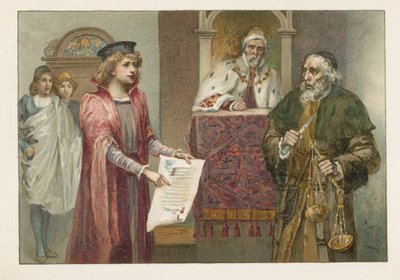 Portia, Shylock i sędzia w Kupiecie weneckim autorstwa English School
